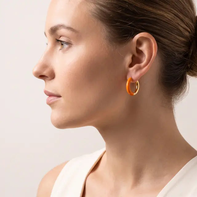 Gold Plated Orange Enamel Hoop Earrings