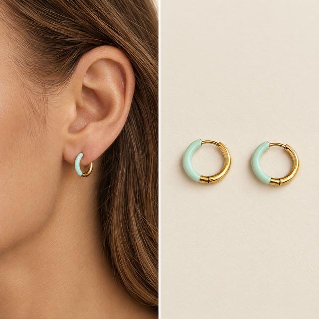 Mint Green Enamel Gold Mini Hoop Earrings